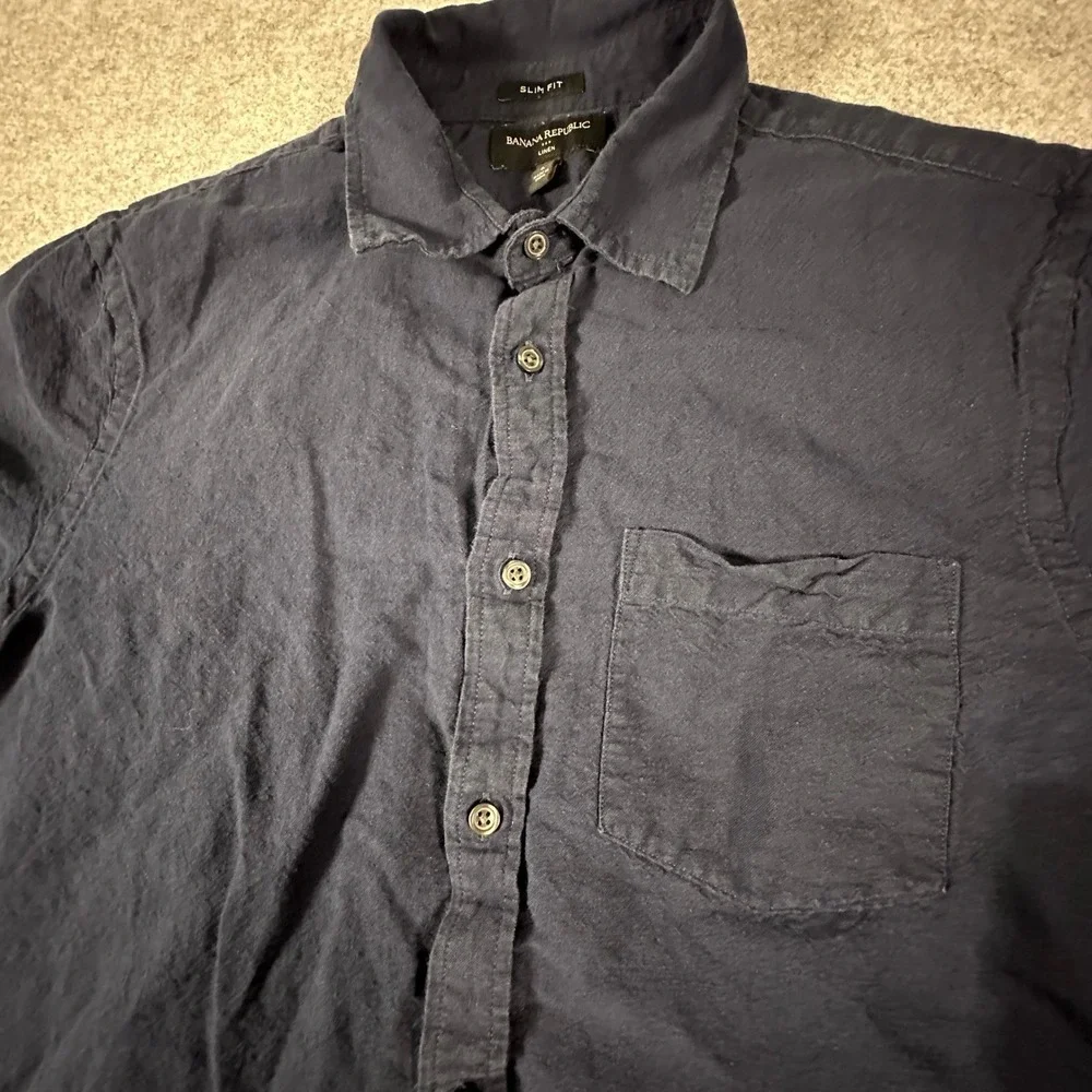 Banana Republic Button Down Shirt Mens Large Blue Slim Fit Linen Cotton SS